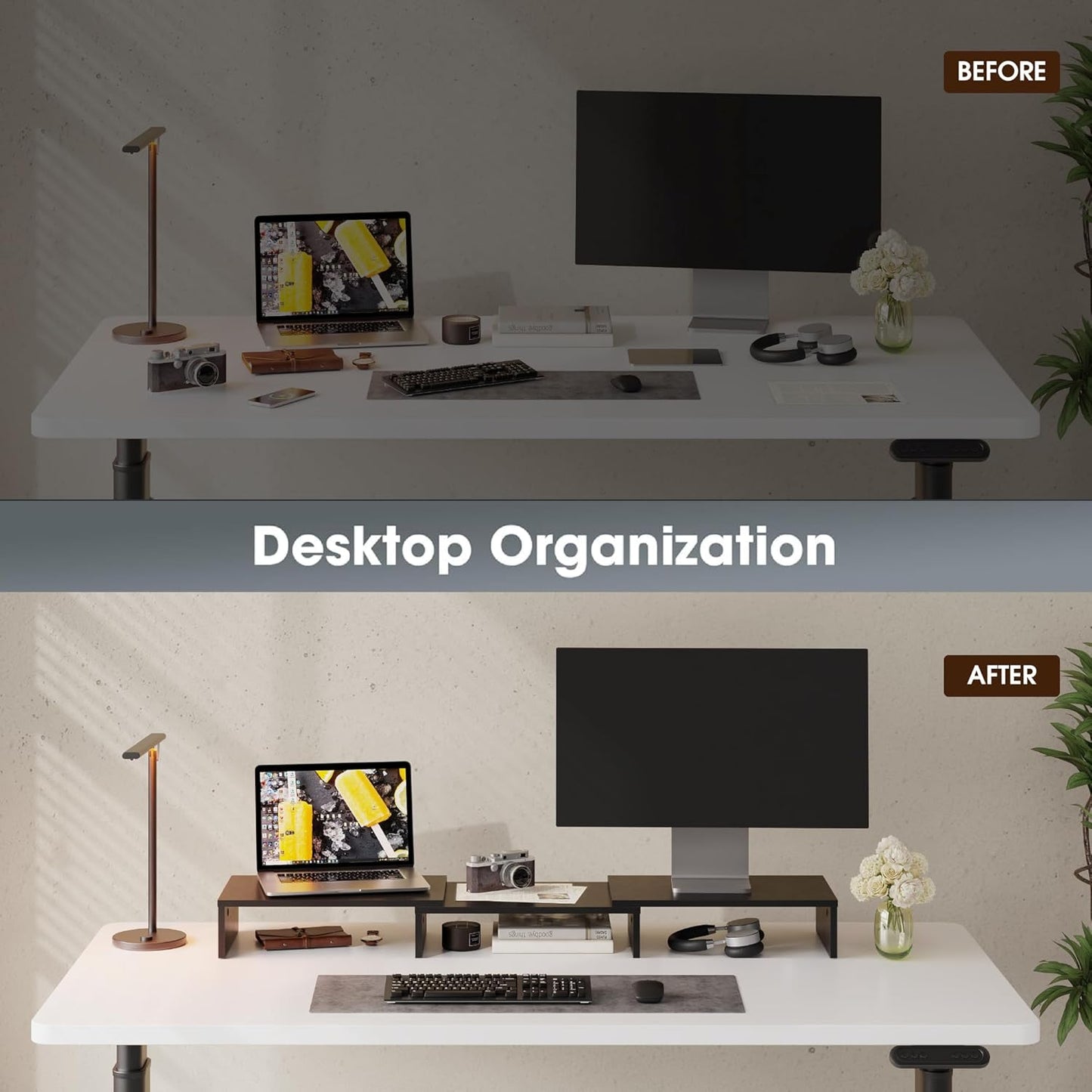 Dual Monitor Stand with Adjustable Length and Angle - Wood Desktop Riser with Three Shelves, Medium Black Office Accessory (Model: Dt108001Wb)