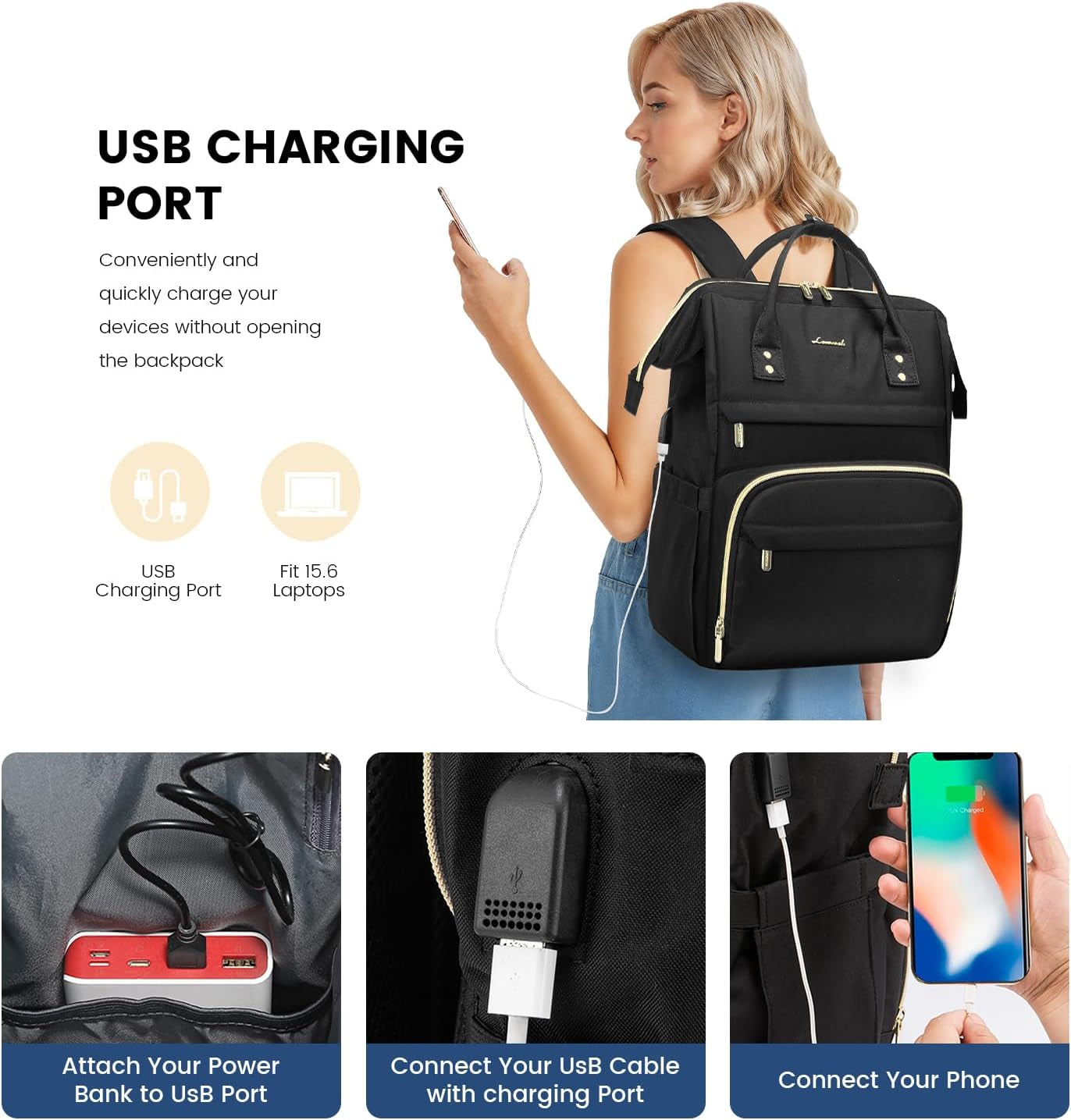 Women's 15.6 Inch Laptop Backpack - Professional Work Bag for Teachers and Nurses, Waterproof Anti-Theft Travel Backpack with USB Charging Port, Black