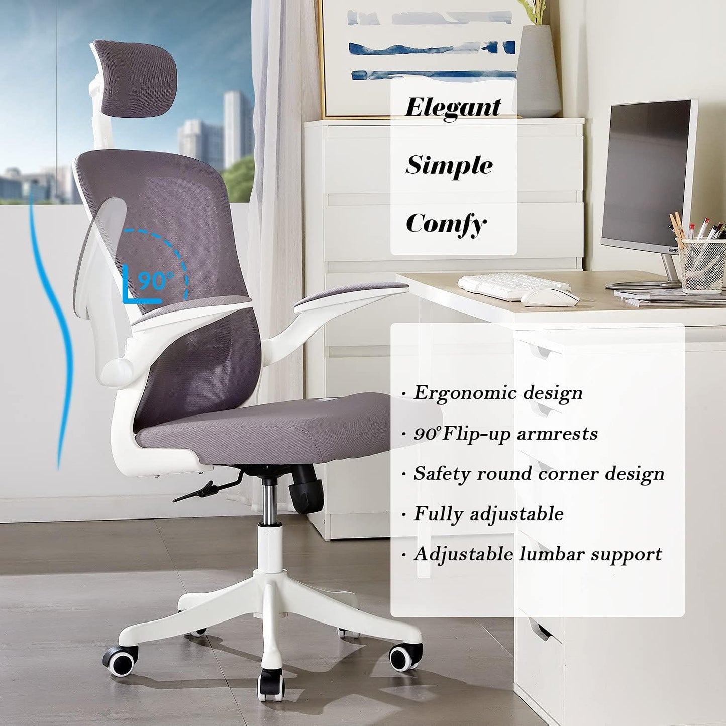 Dedeo Ergonomic High-Back Mesh Office Chair with Adjustable Lumbar Support and Headrest, Tilt Function, and Breathable Thick Seat Cushion