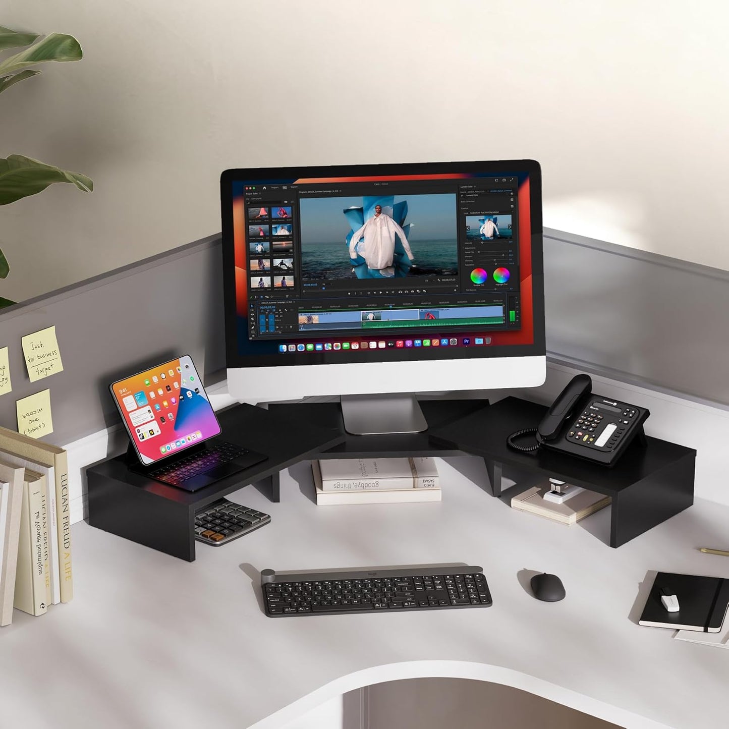 Dual Monitor Stand with Adjustable Length and Angle - Wood Desktop Riser with Three Shelves, Medium Black Office Accessory (Model: Dt108001Wb)