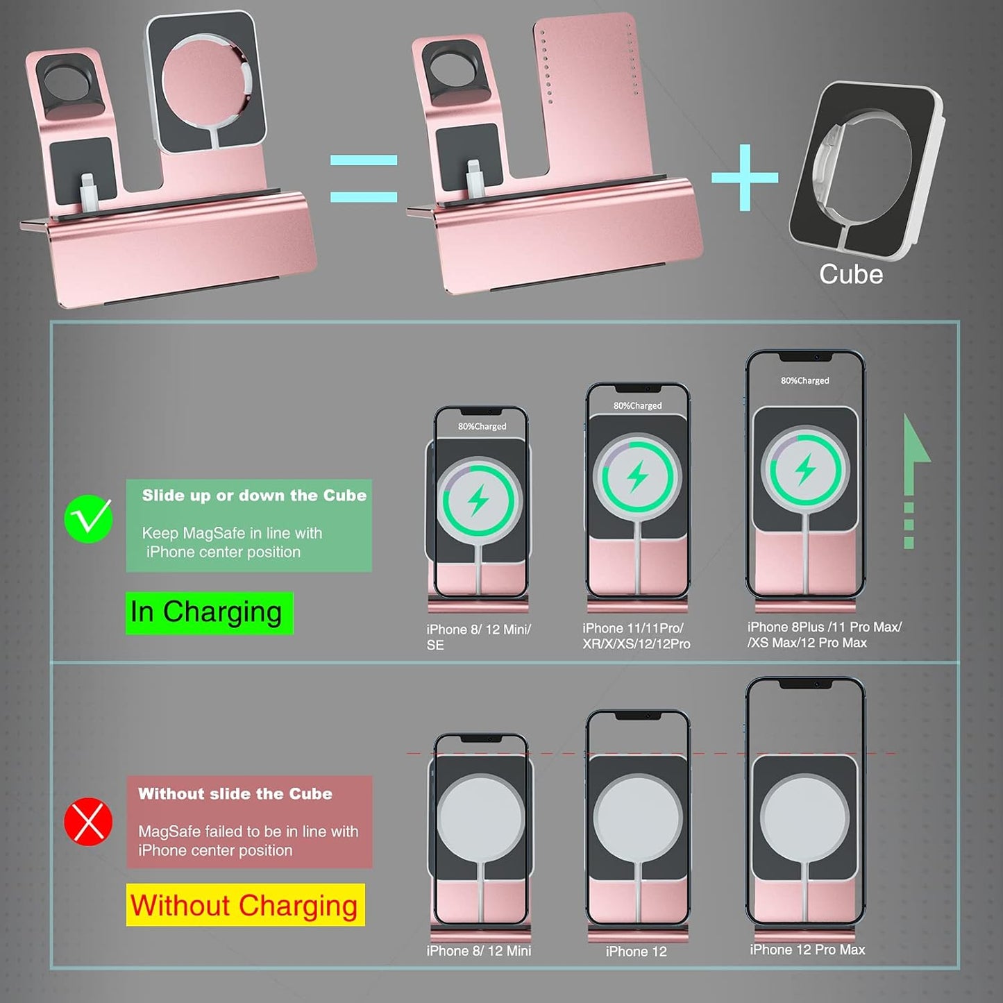 Aluminum 3-in-1 Charging Stand for Apple Devices - Compatible with MagSafe, Apple Watch, and AirPods (Charger & Cable Required) - Rose Gold