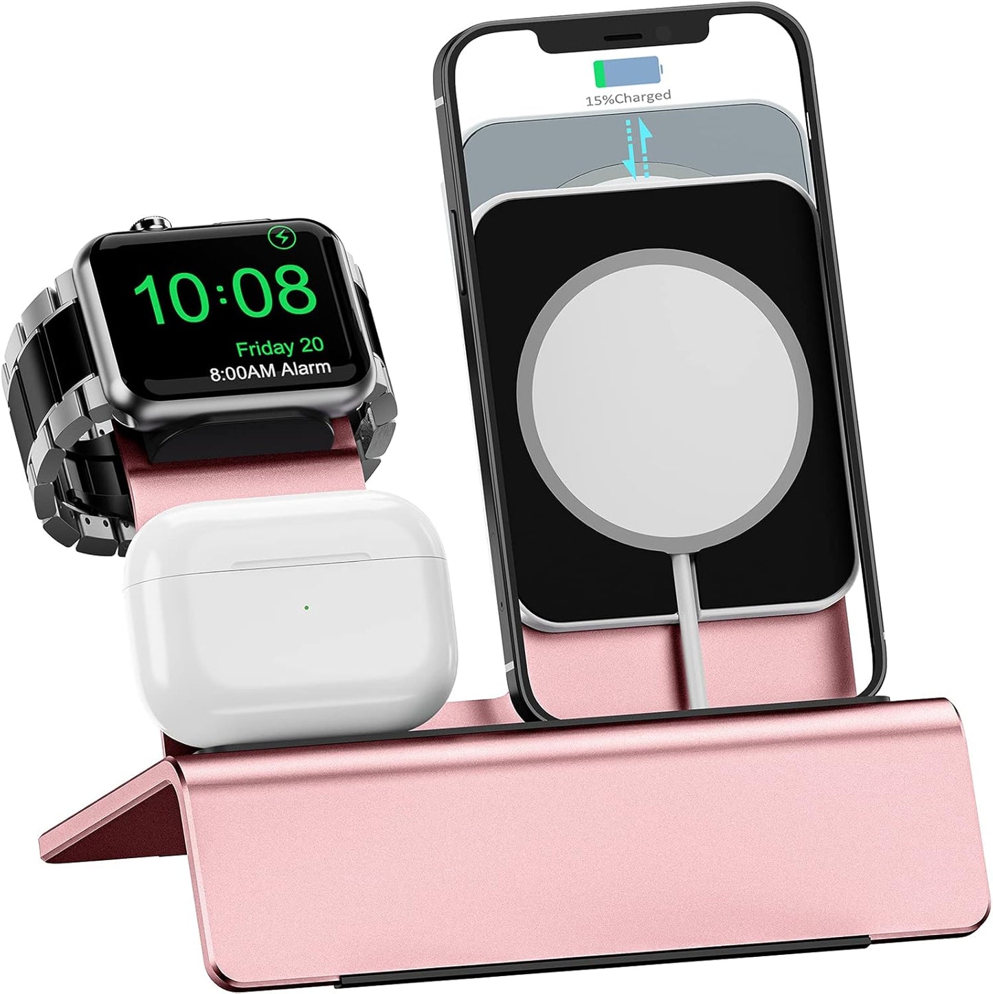 Aluminum 3-in-1 Charging Stand for Apple Devices - Compatible with MagSafe, Apple Watch, and AirPods (Charger & Cable Required) - Rose Gold