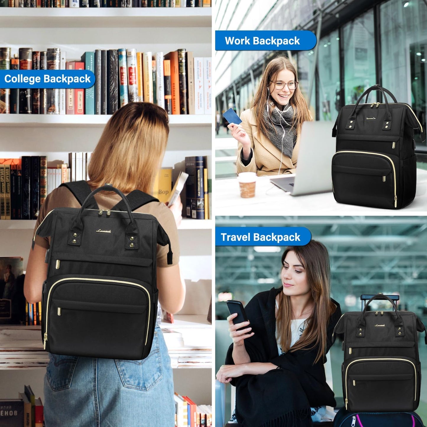 Women's 15.6 Inch Laptop Backpack - Professional Work Bag for Teachers and Nurses, Waterproof Anti-Theft Travel Backpack with USB Charging Port, Black
