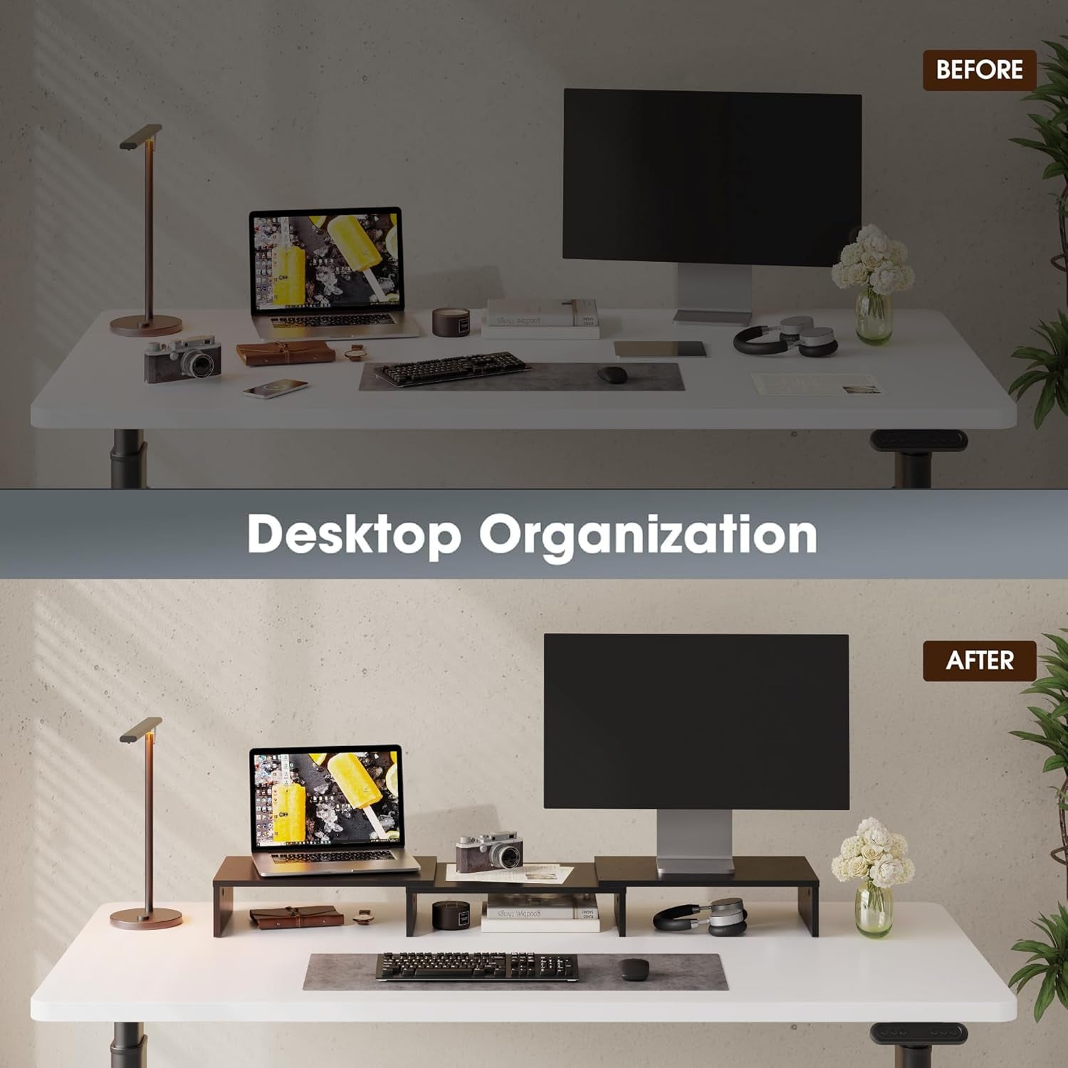 Dual Monitor Stand with Adjustable Length and Angle - Wood Desktop Riser with Three Shelves, Medium Black Office Accessory (Model: Dt108001Wb)