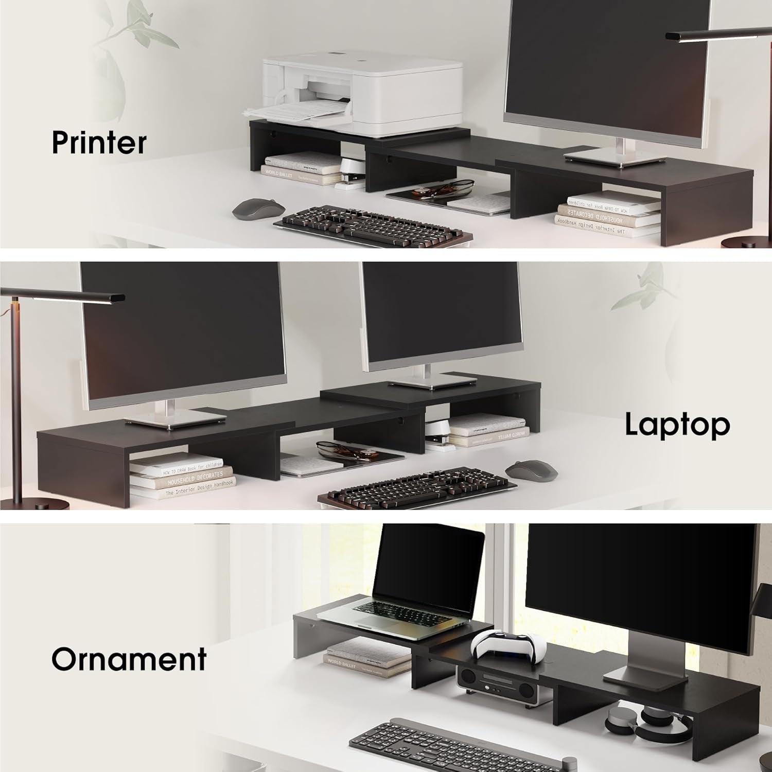 Dual Monitor Stand with Adjustable Length and Angle - Wood Desktop Riser with Three Shelves, Medium Black Office Accessory (Model: Dt108001Wb)