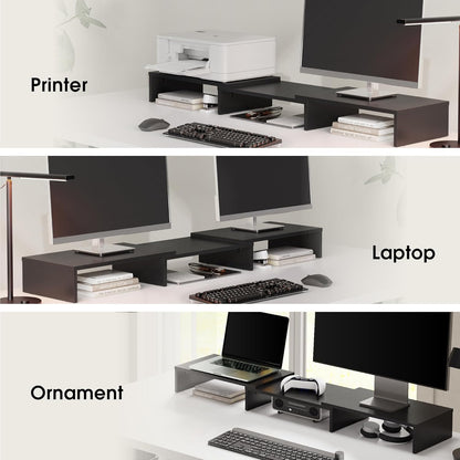 Dual Monitor Stand with Adjustable Length and Angle - Wood Desktop Riser with Three Shelves, Medium Black Office Accessory (Model: Dt108001Wb)