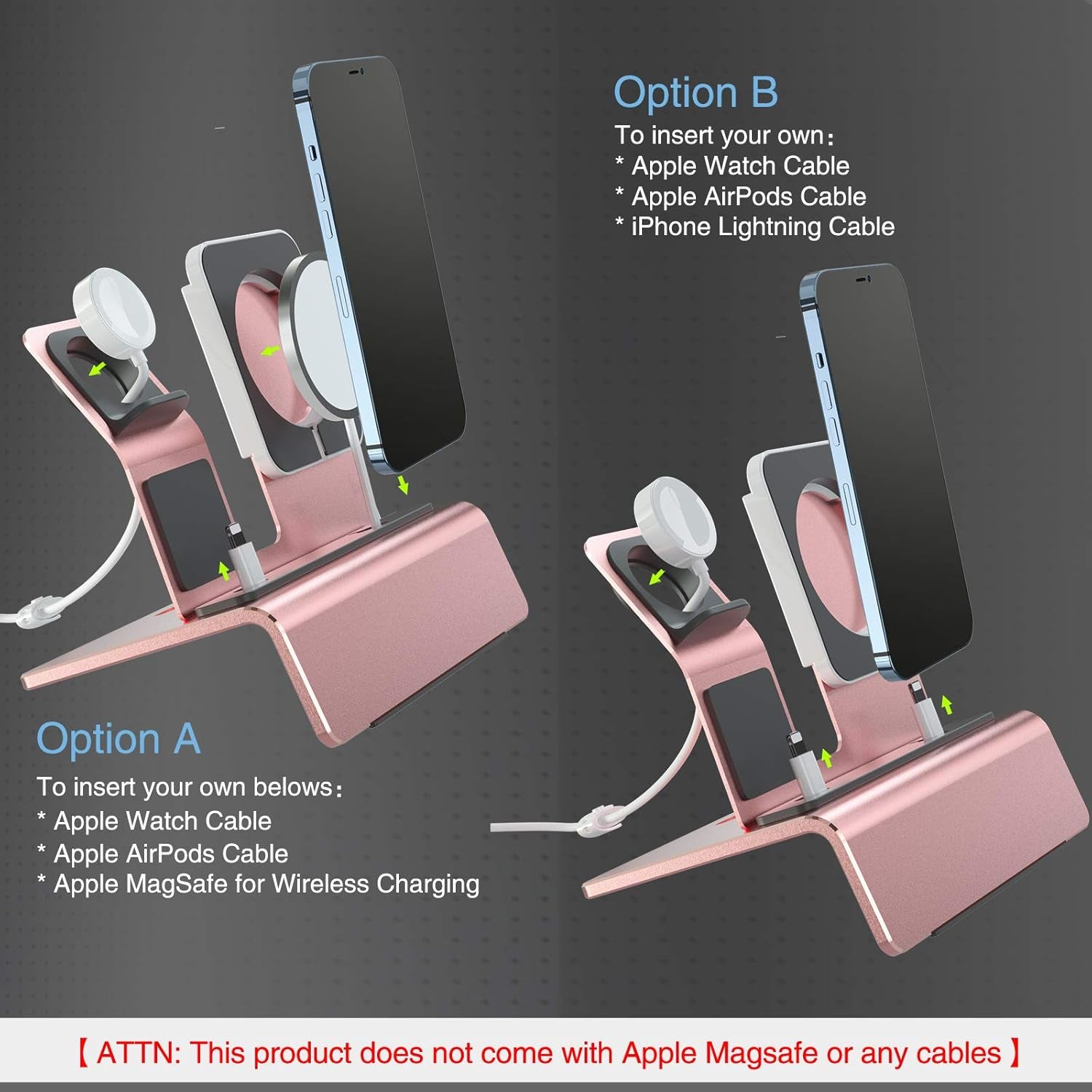Aluminum 3-in-1 Charging Stand for Apple Devices - Compatible with MagSafe, Apple Watch, and AirPods (Charger & Cable Required) - Rose Gold