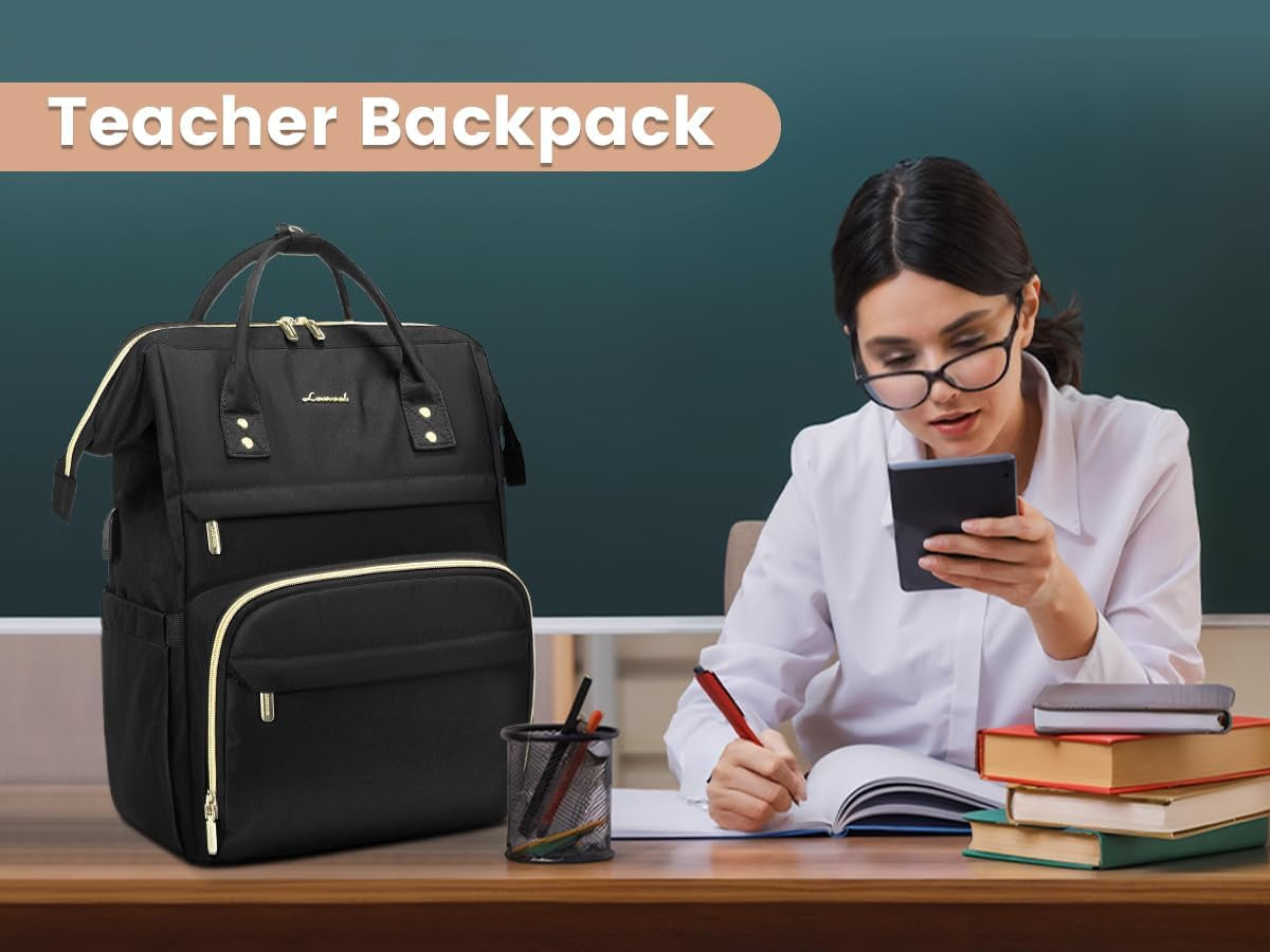 Women's 15.6 Inch Laptop Backpack - Professional Work Bag for Teachers and Nurses, Waterproof Anti-Theft Travel Backpack with USB Charging Port, Black