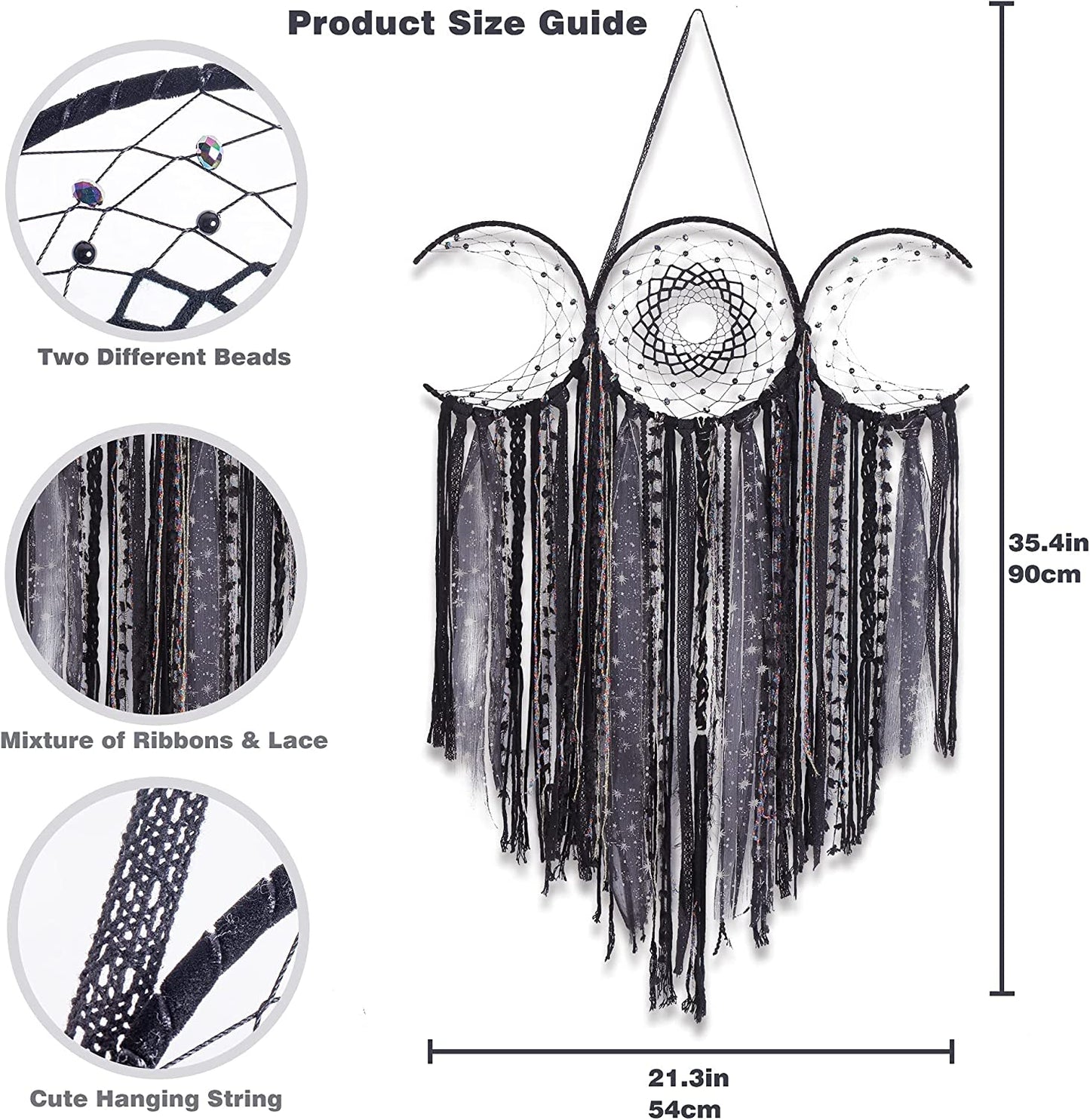 Black Triple Moon Goddess Macrame Wall Hanging - Wicca Crescent Dream Catcher for Home Decor, Ideal for Bedroom and Pagan Aesthetics