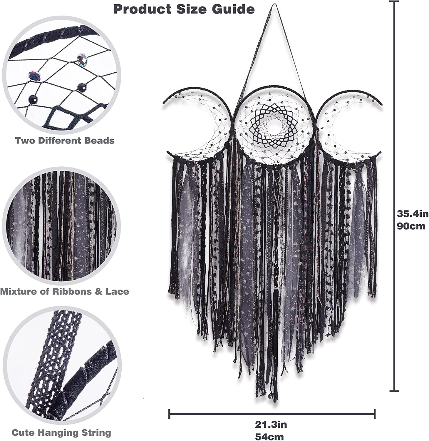 Black Triple Moon Goddess Macrame Wall Hanging - Wicca Crescent Dream Catcher for Home Decor, Ideal for Bedroom and Pagan Aesthetics