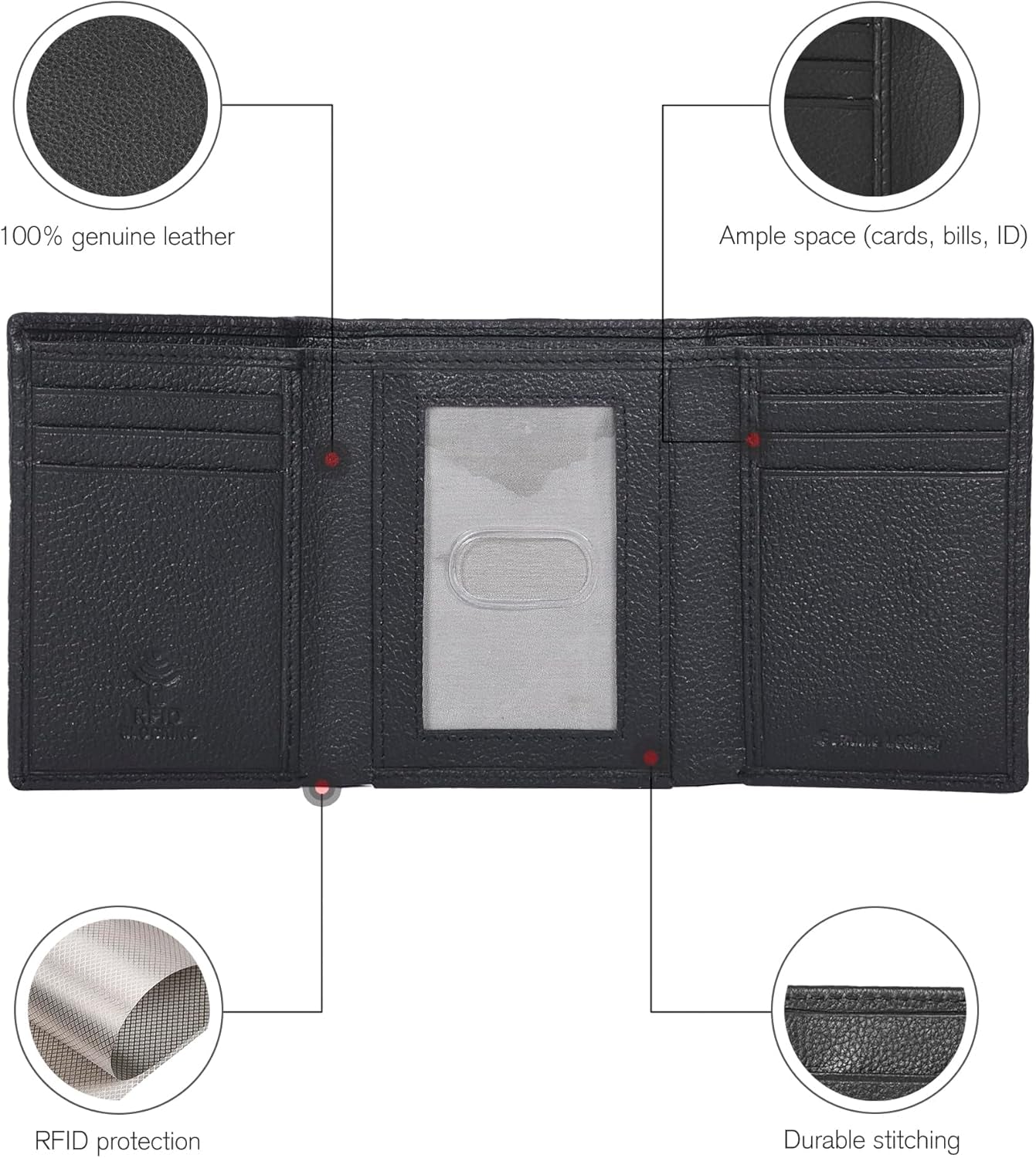 Men's Leather Trifold Wallet with RFID Blocking - Features 6 Card Slots, 2 Slip Pockets, and 1 Front ID Window - Minimalist Slim Design
