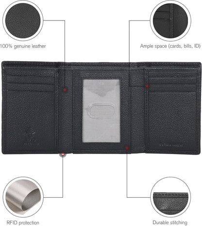Men's Leather Trifold Wallet with RFID Blocking - Features 6 Card Slots, 2 Slip Pockets, and 1 Front ID Window - Minimalist Slim Design