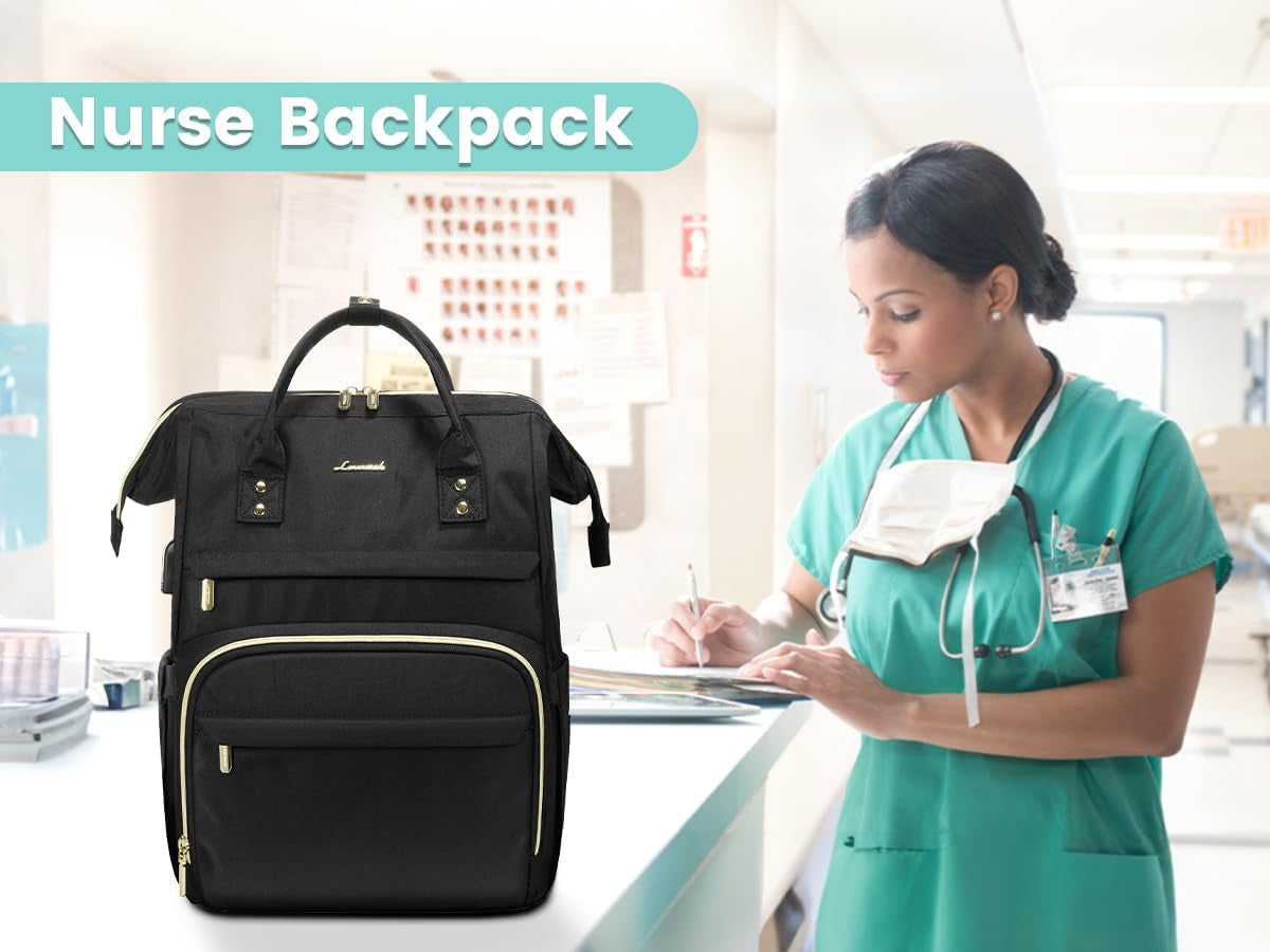 Women's 15.6 Inch Laptop Backpack - Professional Work Bag for Teachers and Nurses, Waterproof Anti-Theft Travel Backpack with USB Charging Port, Black