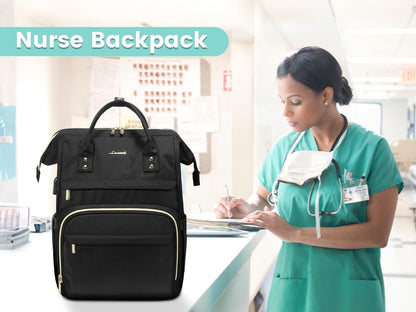 Women's 15.6 Inch Laptop Backpack - Professional Work Bag for Teachers and Nurses, Waterproof Anti-Theft Travel Backpack with USB Charging Port, Black