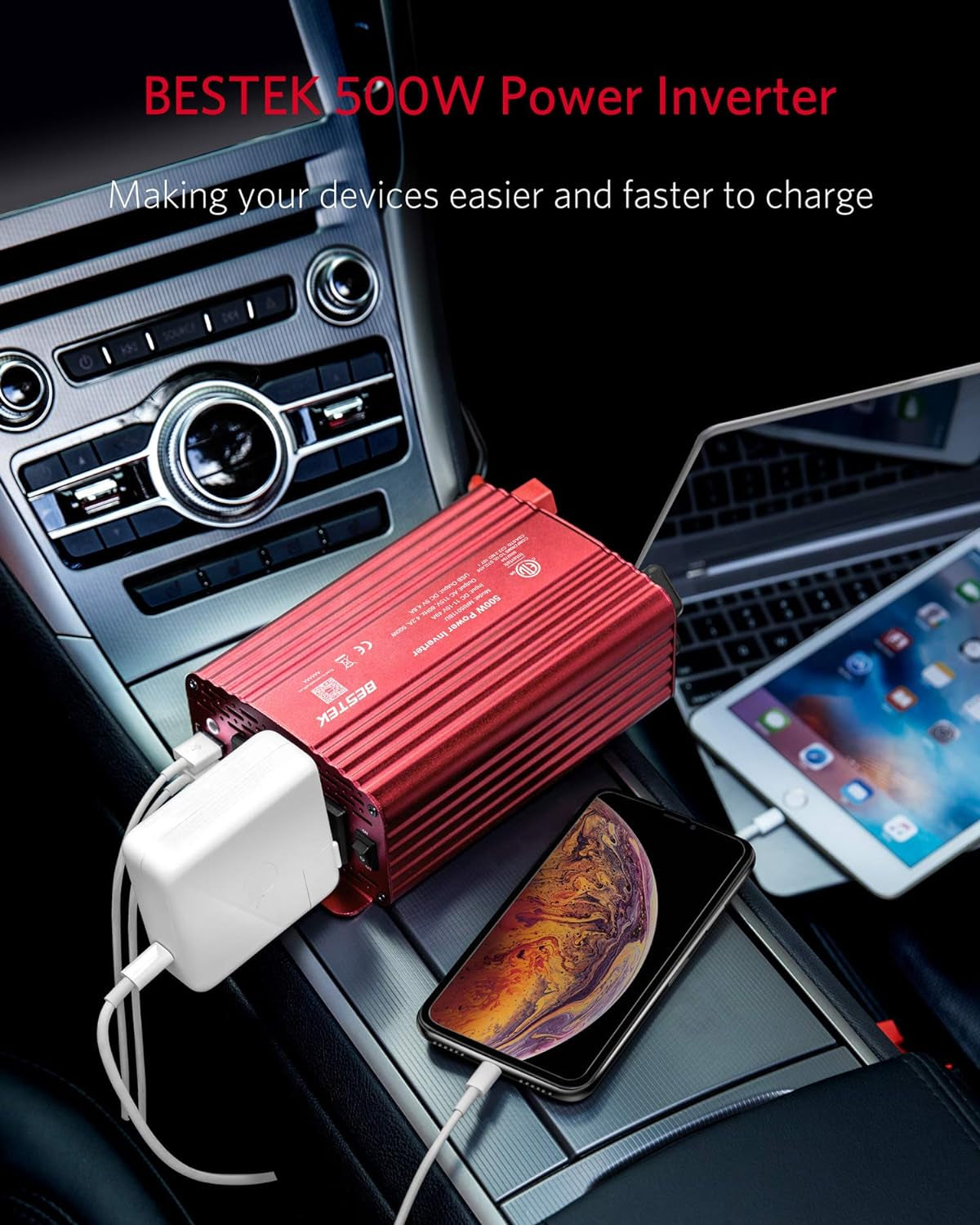500W DC to AC Power Inverter (12V to 110V) with Alligator Battery Clamp and 4.8A Dual USB Car Charger, ETL Listed