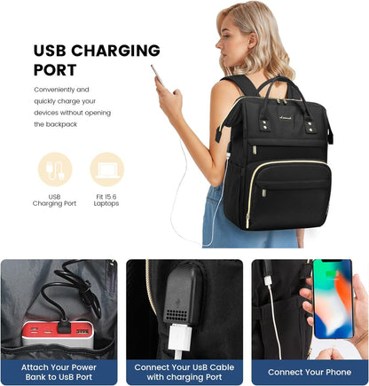 Women's 15.6 Inch Laptop Backpack - Professional Work Bag for Teachers and Nurses, Waterproof Anti-Theft Travel Backpack with USB Charging Port, Black