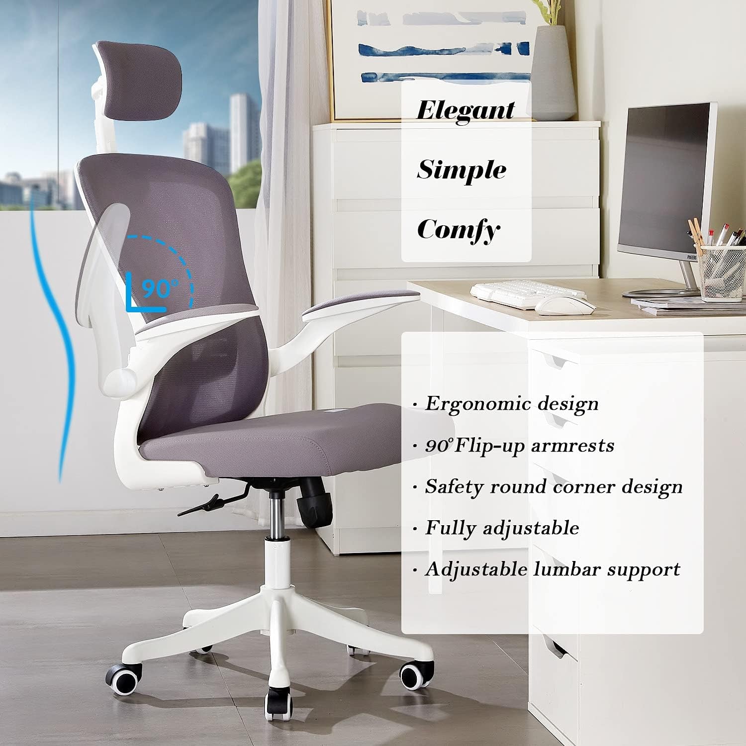 Dedeo Ergonomic High-Back Mesh Office Chair with Adjustable Lumbar Support and Headrest, Tilt Function, and Breathable Thick Seat Cushion