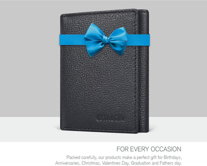 Men's Leather Trifold Wallet with RFID Blocking - Features 6 Card Slots, 2 Slip Pockets, and 1 Front ID Window - Minimalist Slim Design