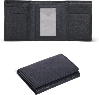 Men's Leather Trifold Wallet with RFID Blocking - Features 6 Card Slots, 2 Slip Pockets, and 1 Front ID Window - Minimalist Slim Design
