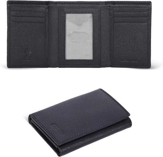 Men's Leather Trifold Wallet with RFID Blocking - Features 6 Card Slots, 2 Slip Pockets, and 1 Front ID Window - Minimalist Slim Design
