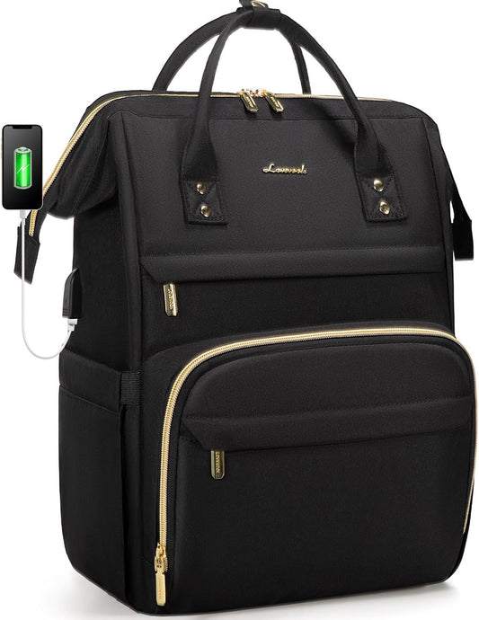 Women's 15.6 Inch Laptop Backpack - Professional Work Bag for Teachers and Nurses, Waterproof Anti-Theft Travel Backpack with USB Charging Port, Black