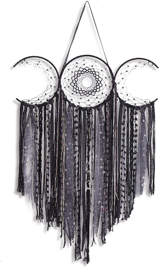 Black Triple Moon Goddess Macrame Wall Hanging - Wicca Crescent Dream Catcher for Home Decor, Ideal for Bedroom and Pagan Aesthetics
