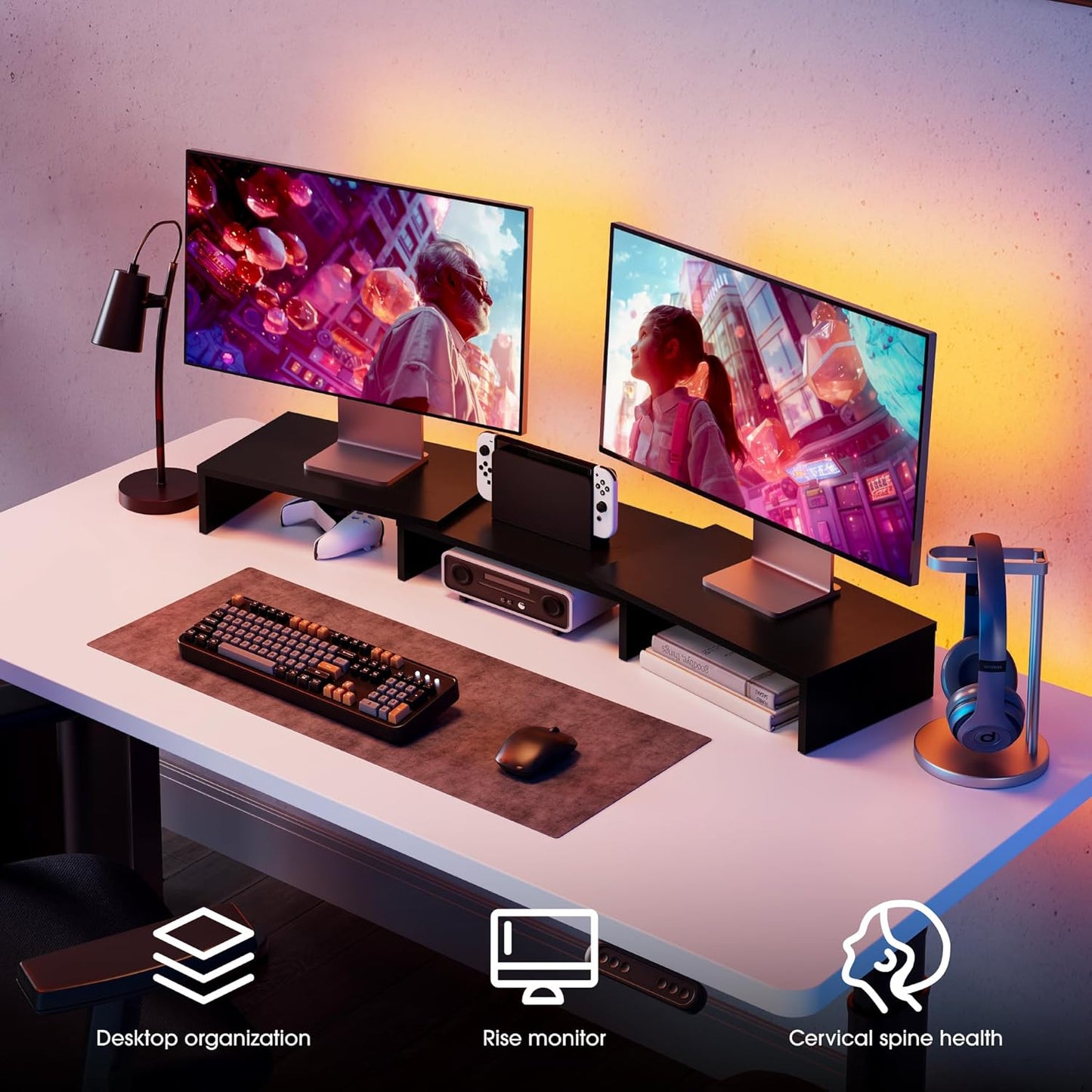 Dual Monitor Stand with Adjustable Length and Angle - Wood Desktop Riser with Three Shelves, Medium Black Office Accessory (Model: Dt108001Wb)