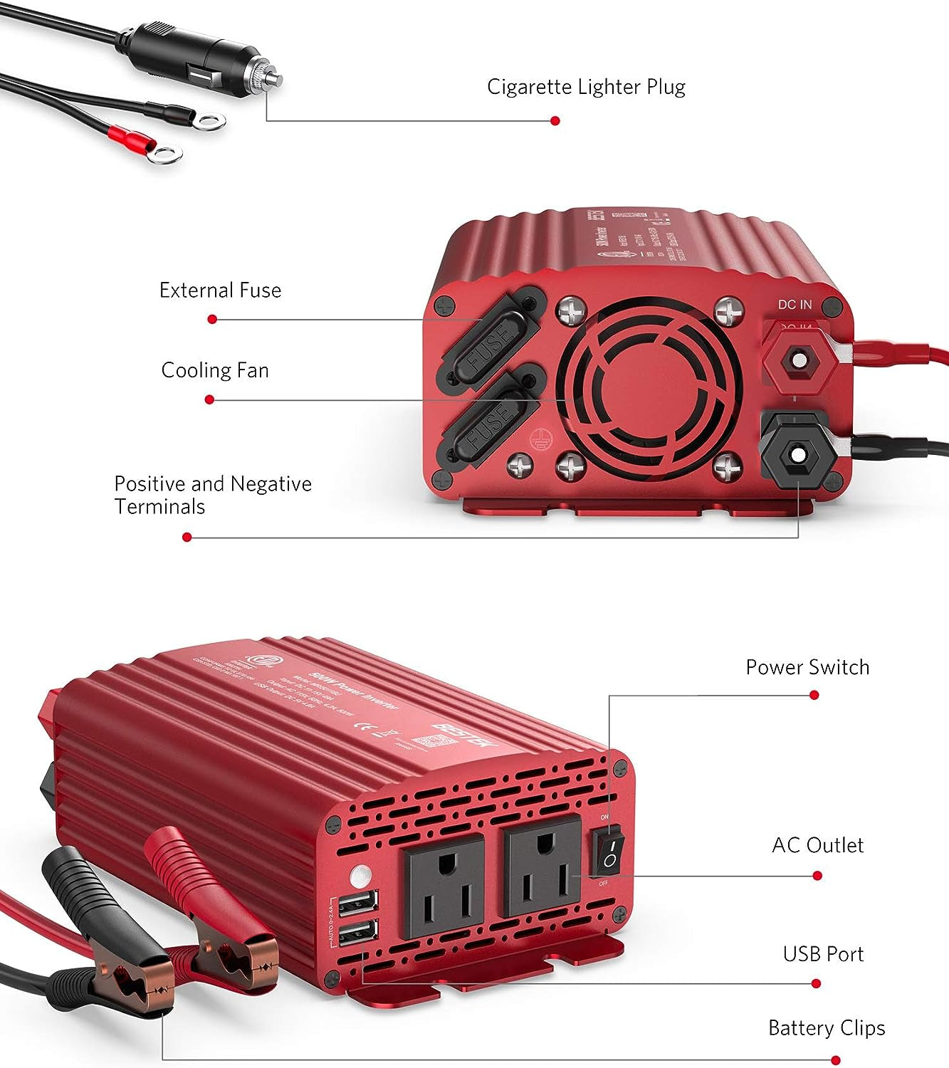 500W DC to AC Power Inverter (12V to 110V) with Alligator Battery Clamp and 4.8A Dual USB Car Charger, ETL Listed