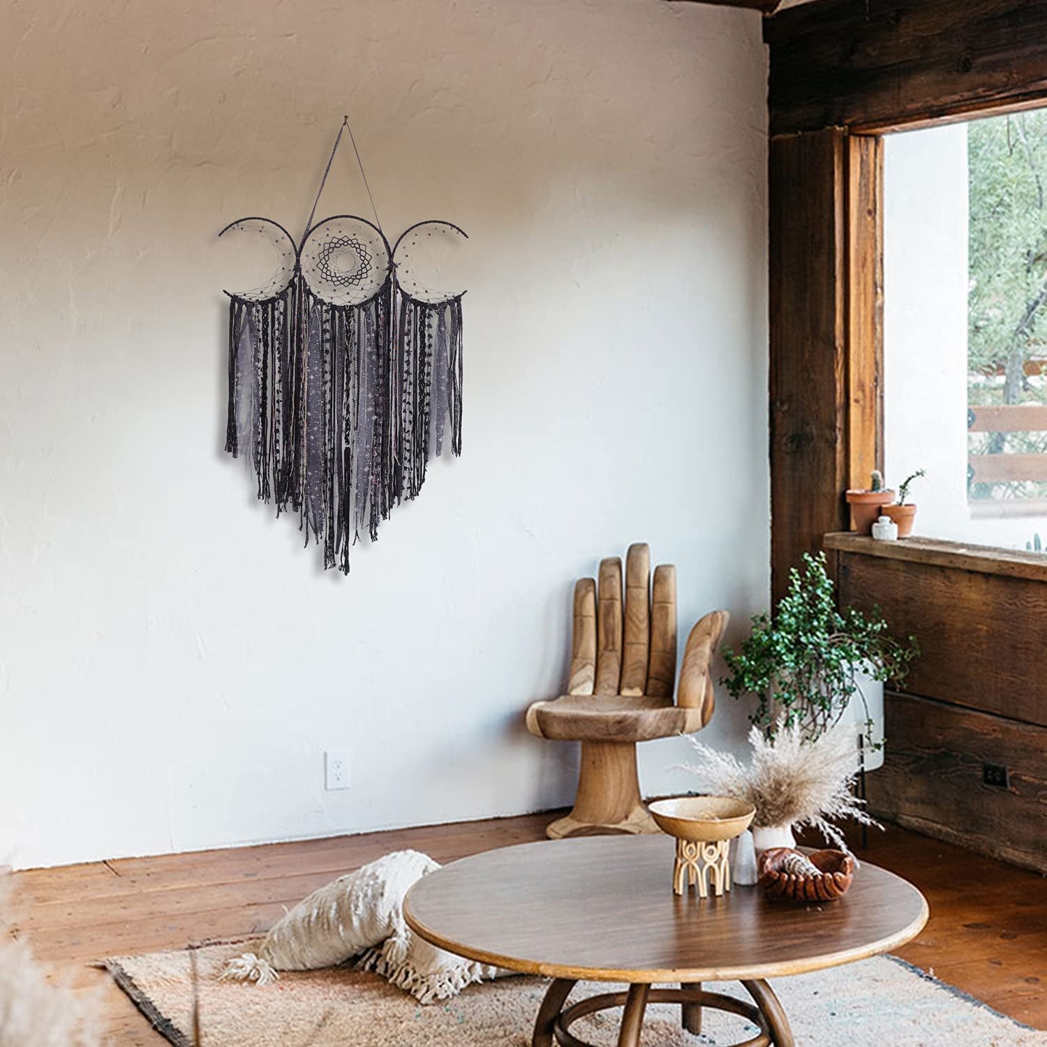 Black Triple Moon Goddess Macrame Wall Hanging - Wicca Crescent Dream Catcher for Home Decor, Ideal for Bedroom and Pagan Aesthetics