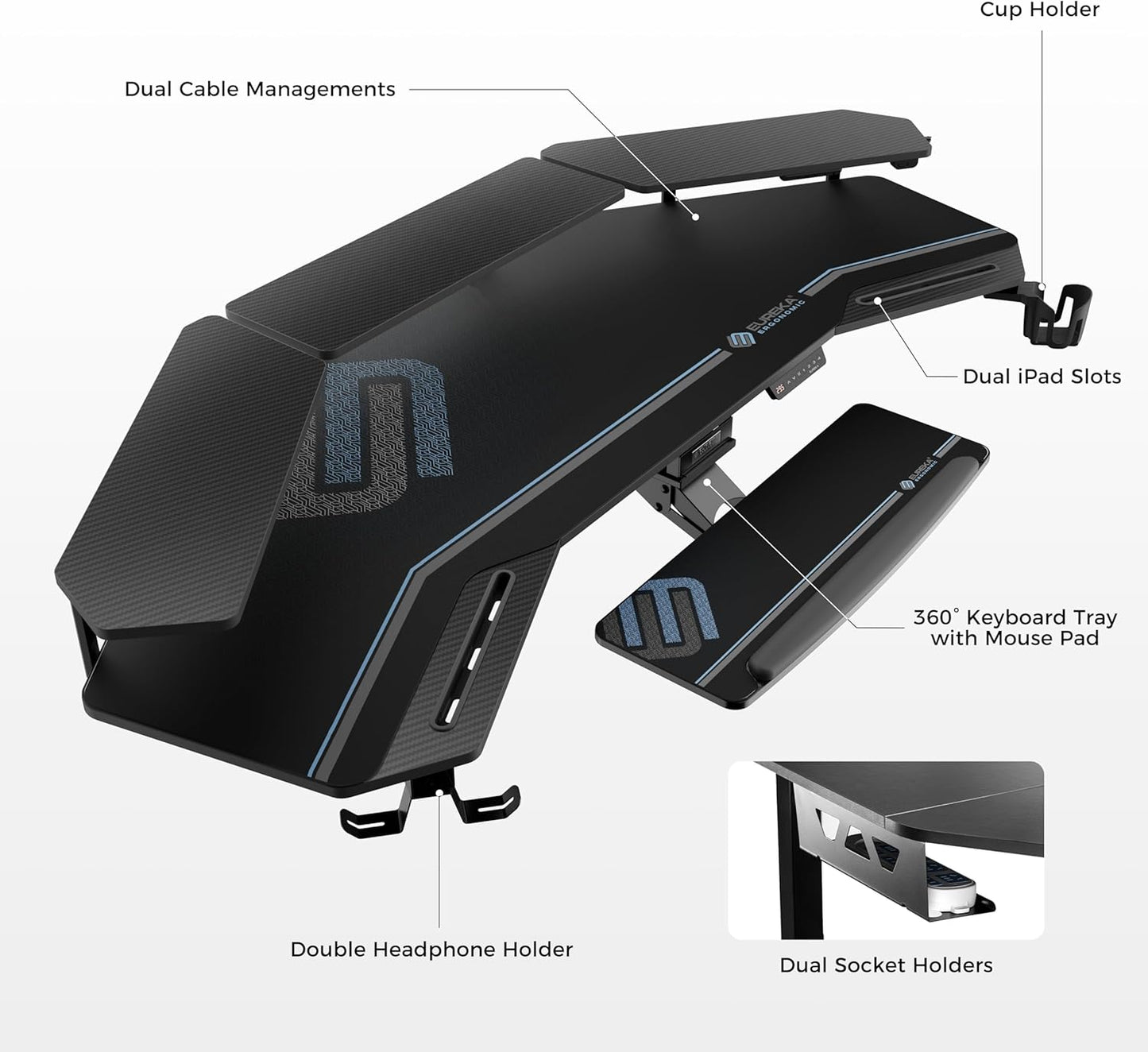 Professional Gaming Desk with Adjustable Height, 72" Wing-Shaped Studio Table Featuring Keyboard Tray and LED Shelves for Streaming and Recording