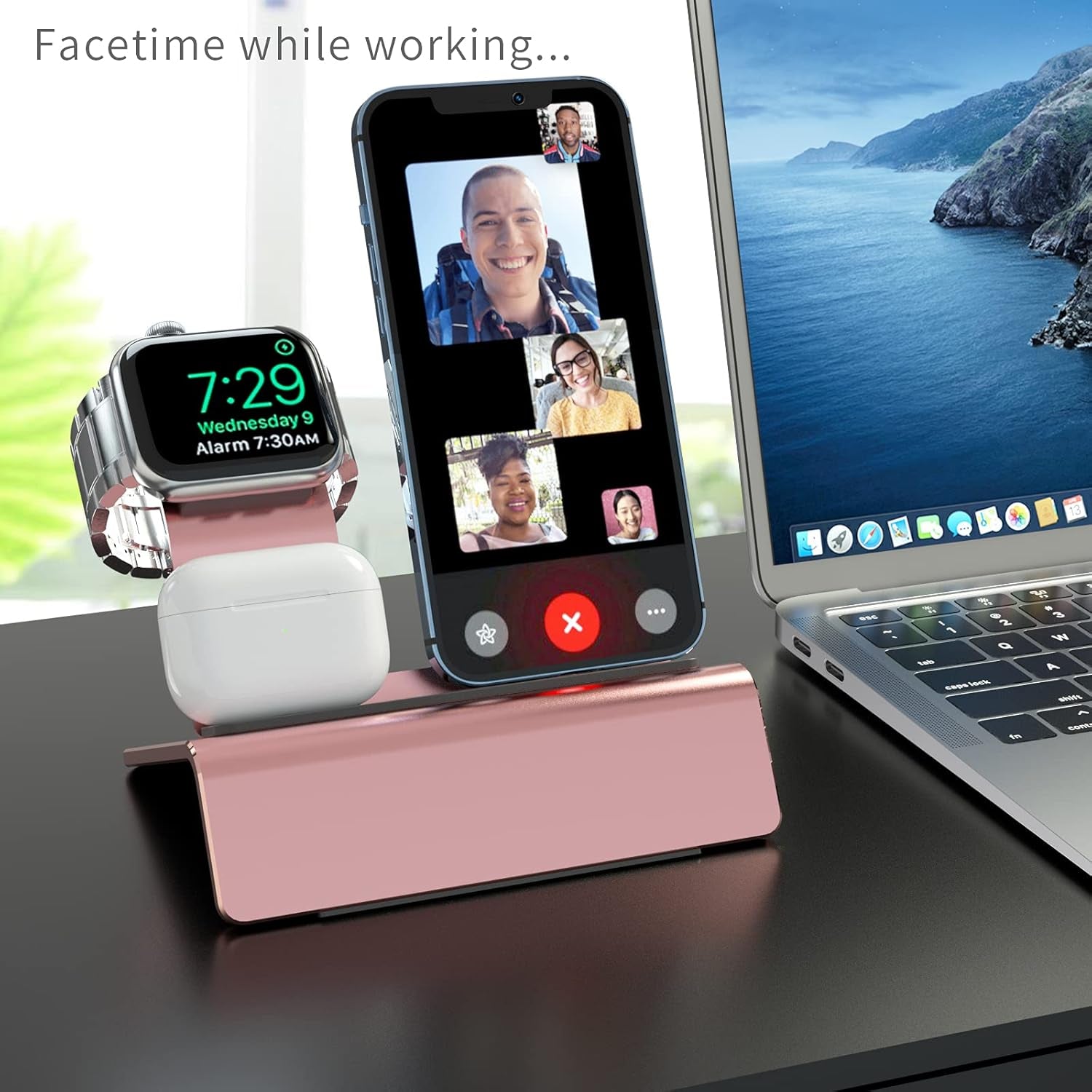 Aluminum 3-in-1 Charging Stand for Apple Devices - Compatible with MagSafe, Apple Watch, and AirPods (Charger & Cable Required) - Rose Gold