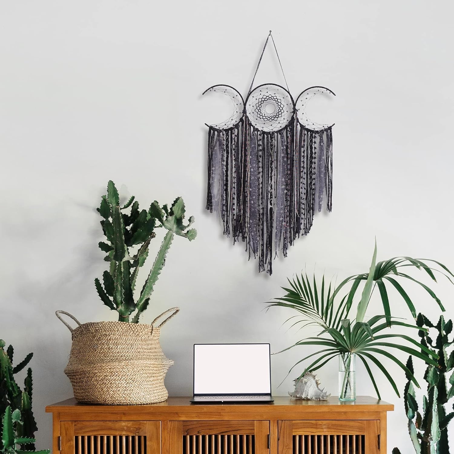 Black Triple Moon Goddess Macrame Wall Hanging - Wicca Crescent Dream Catcher for Home Decor, Ideal for Bedroom and Pagan Aesthetics