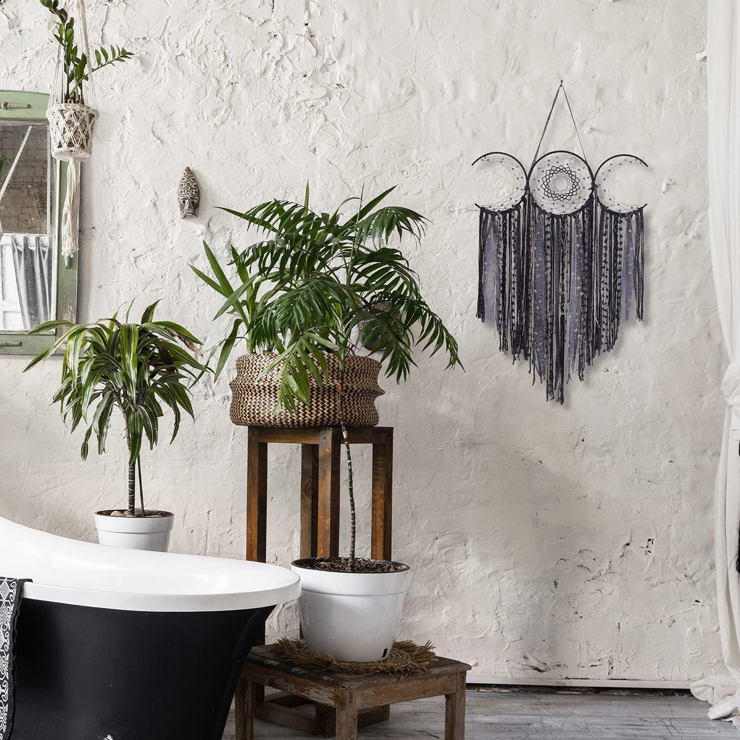 Black Triple Moon Goddess Macrame Wall Hanging - Wicca Crescent Dream Catcher for Home Decor, Ideal for Bedroom and Pagan Aesthetics