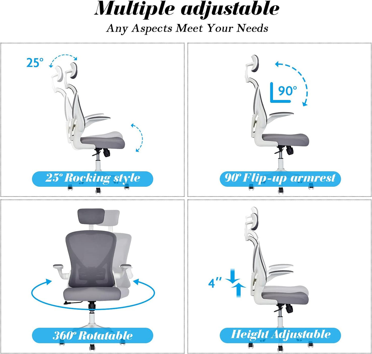 Dedeo Ergonomic High-Back Mesh Office Chair with Adjustable Lumbar Support and Headrest, Tilt Function, and Breathable Thick Seat Cushion