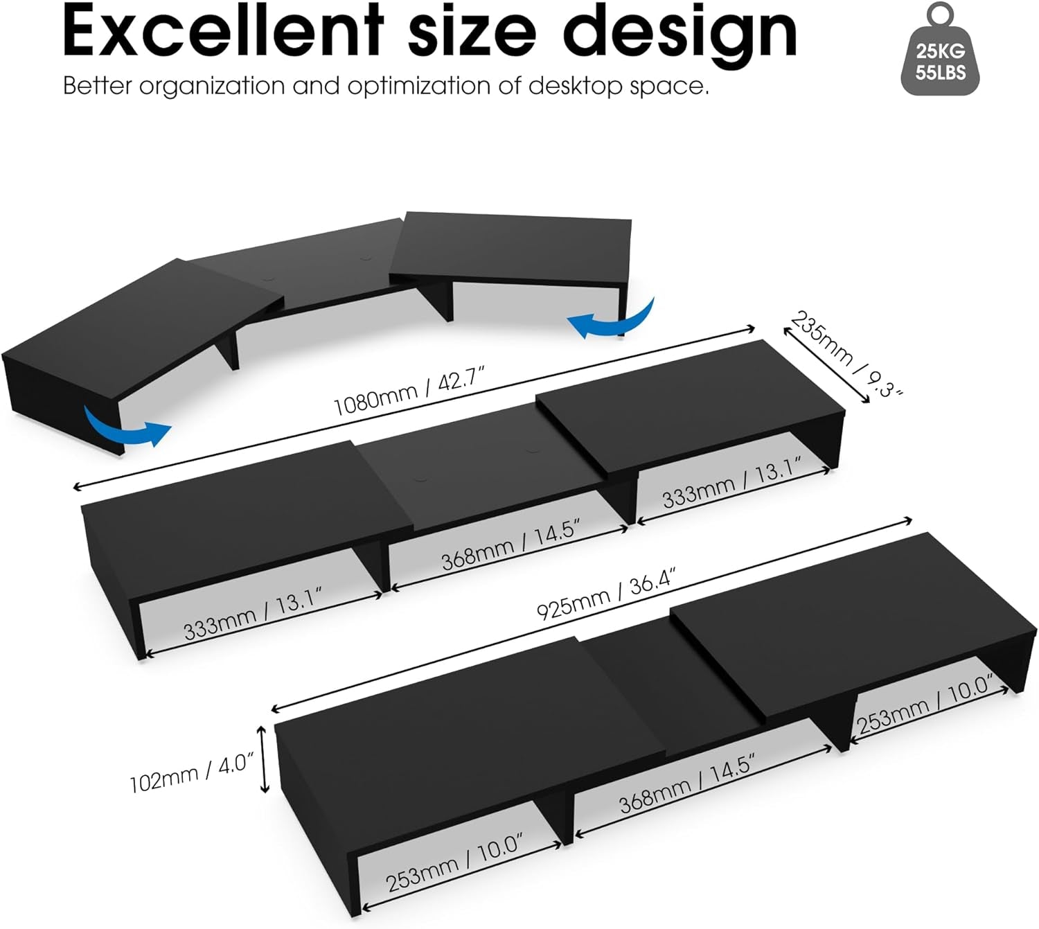 Dual Monitor Stand with Adjustable Length and Angle - Wood Desktop Riser with Three Shelves, Medium Black Office Accessory (Model: Dt108001Wb)