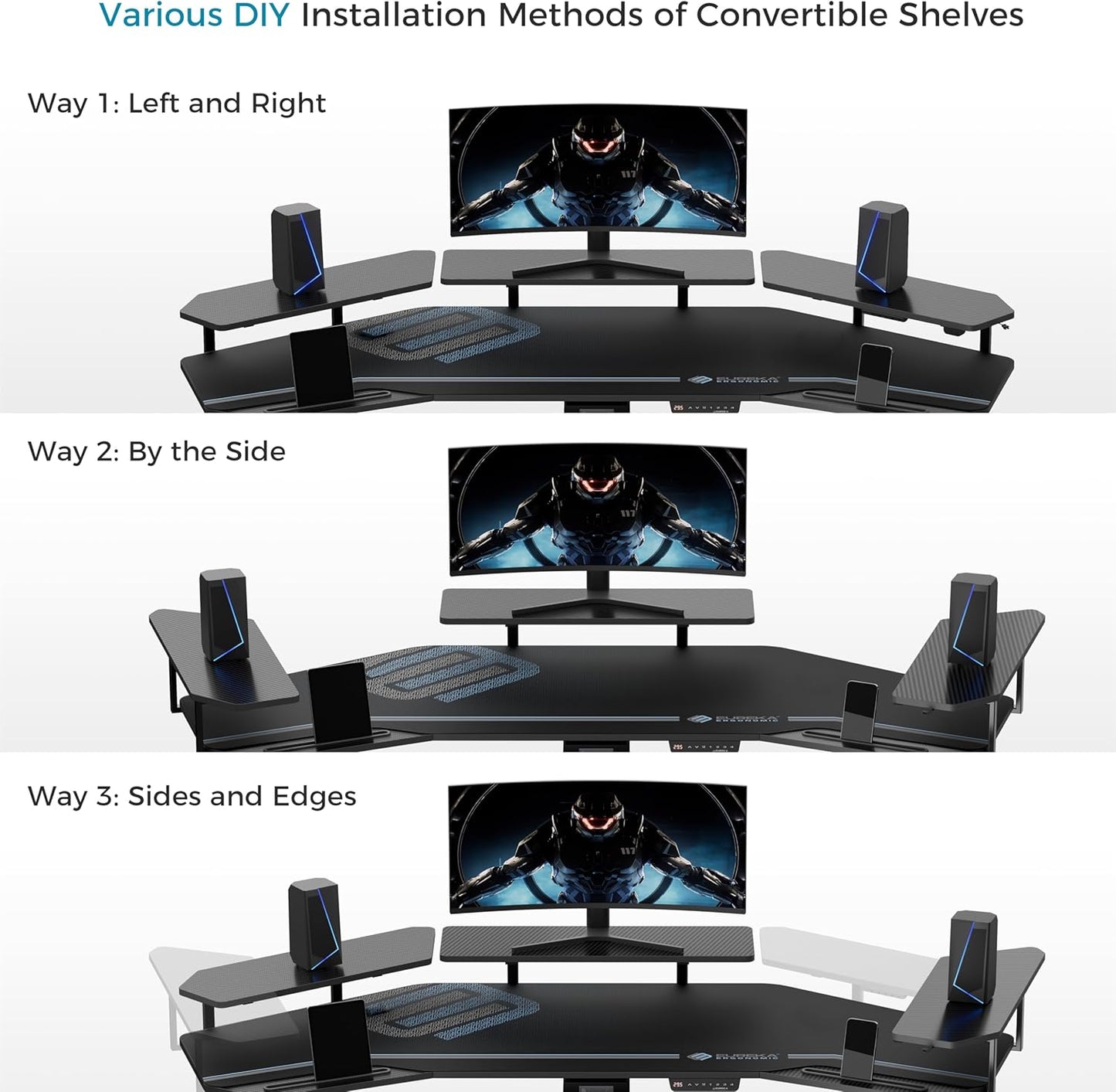 Professional Gaming Desk with Adjustable Height, 72" Wing-Shaped Studio Table Featuring Keyboard Tray and LED Shelves for Streaming and Recording