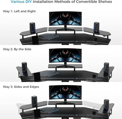 Professional Gaming Desk with Adjustable Height, 72" Wing-Shaped Studio Table Featuring Keyboard Tray and LED Shelves for Streaming and Recording