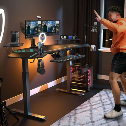 Professional Gaming Desk with Adjustable Height, 72" Wing-Shaped Studio Table Featuring Keyboard Tray and LED Shelves for Streaming and Recording