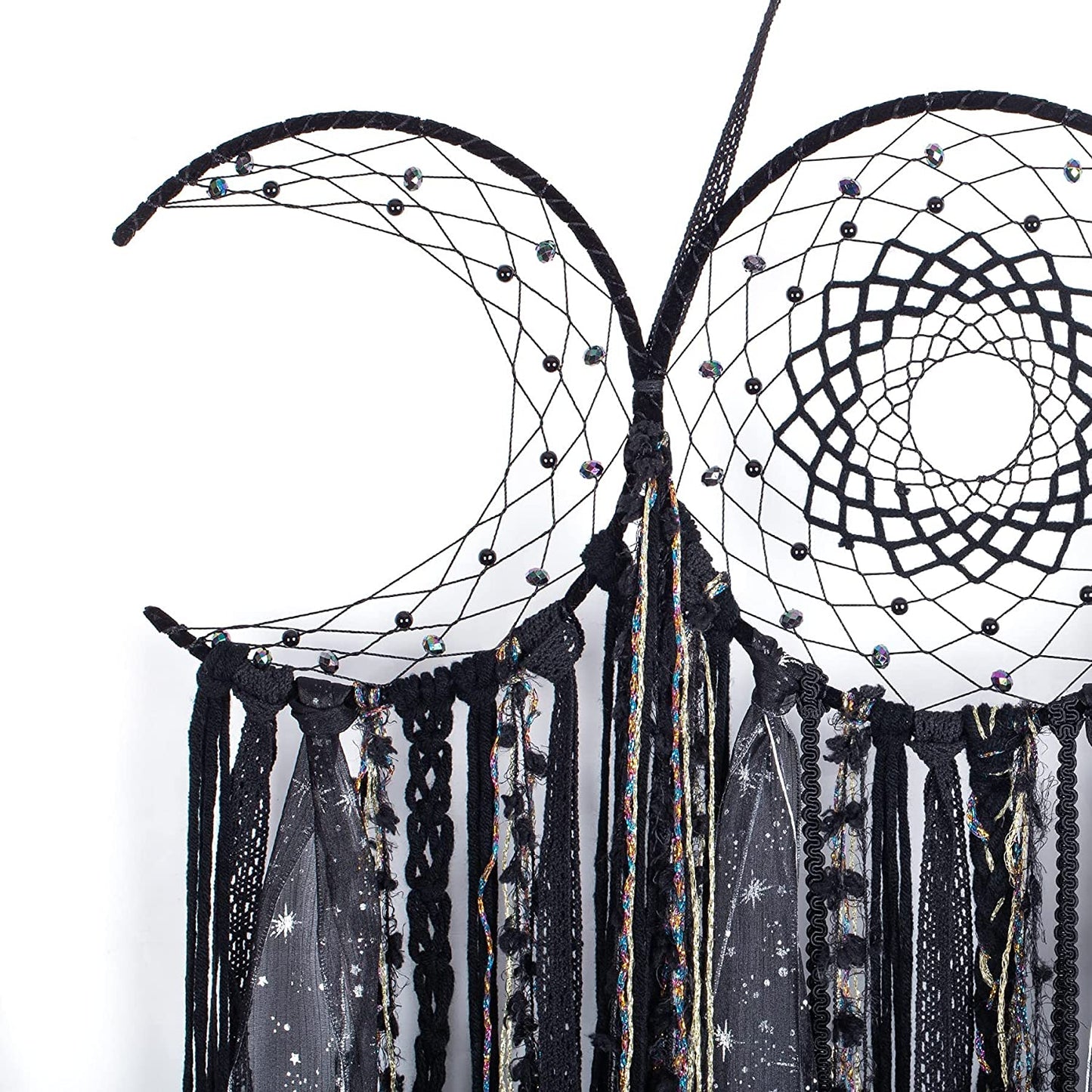 Black Triple Moon Goddess Macrame Wall Hanging - Wicca Crescent Dream Catcher for Home Decor, Ideal for Bedroom and Pagan Aesthetics