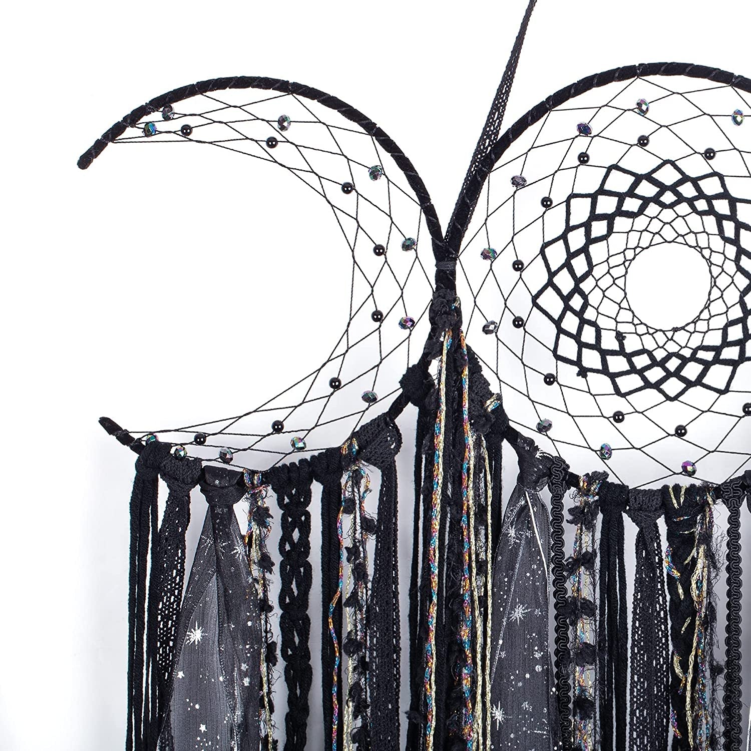 Black Triple Moon Goddess Macrame Wall Hanging - Wicca Crescent Dream Catcher for Home Decor, Ideal for Bedroom and Pagan Aesthetics