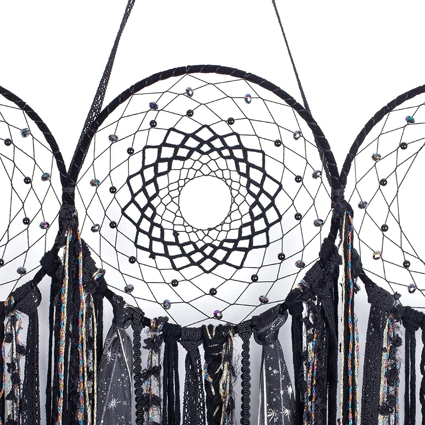 Black Triple Moon Goddess Macrame Wall Hanging - Wicca Crescent Dream Catcher for Home Decor, Ideal for Bedroom and Pagan Aesthetics