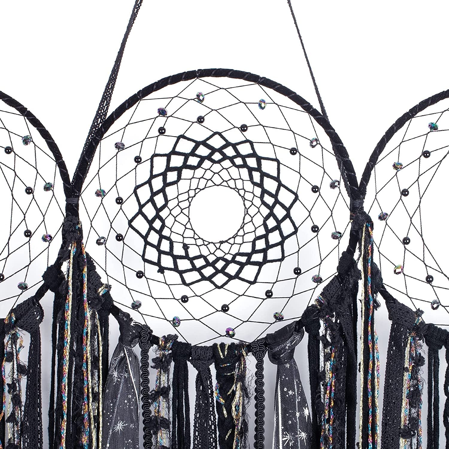 Black Triple Moon Goddess Macrame Wall Hanging - Wicca Crescent Dream Catcher for Home Decor, Ideal for Bedroom and Pagan Aesthetics