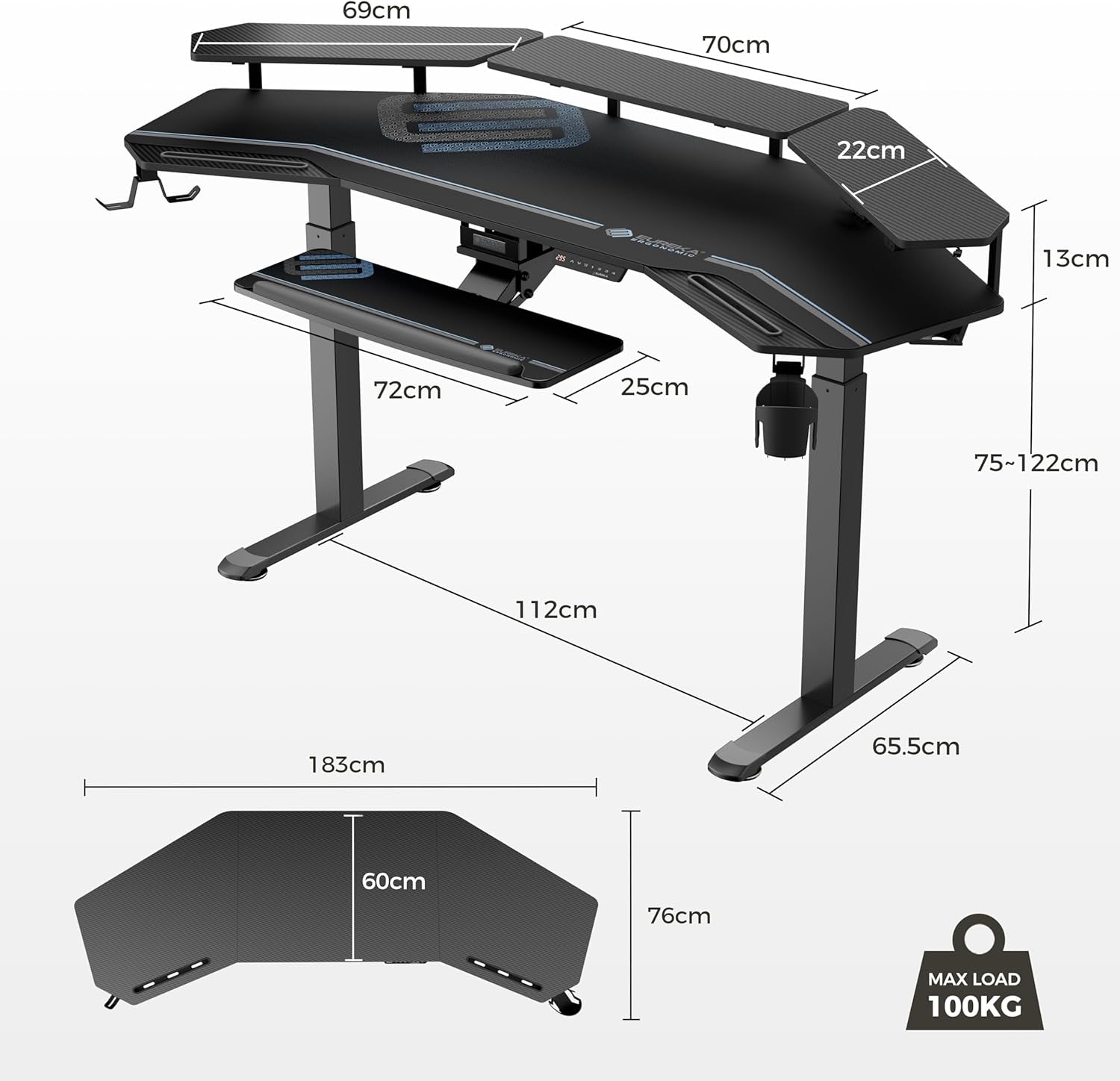 Professional Gaming Desk with Adjustable Height, 72" Wing-Shaped Studio Table Featuring Keyboard Tray and LED Shelves for Streaming and Recording