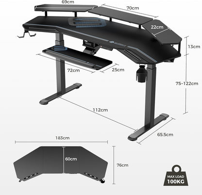Professional Gaming Desk with Adjustable Height, 72" Wing-Shaped Studio Table Featuring Keyboard Tray and LED Shelves for Streaming and Recording