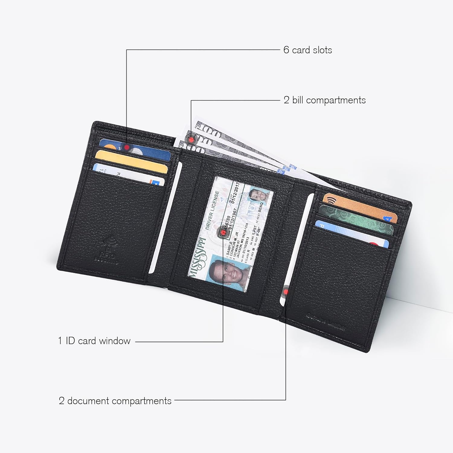 Men's Leather Trifold Wallet with RFID Blocking - Features 6 Card Slots, 2 Slip Pockets, and 1 Front ID Window - Minimalist Slim Design