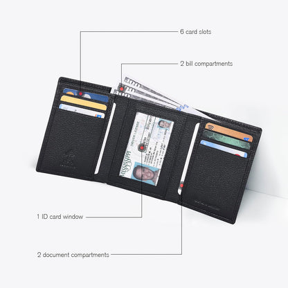 Men's Leather Trifold Wallet with RFID Blocking - Features 6 Card Slots, 2 Slip Pockets, and 1 Front ID Window - Minimalist Slim Design