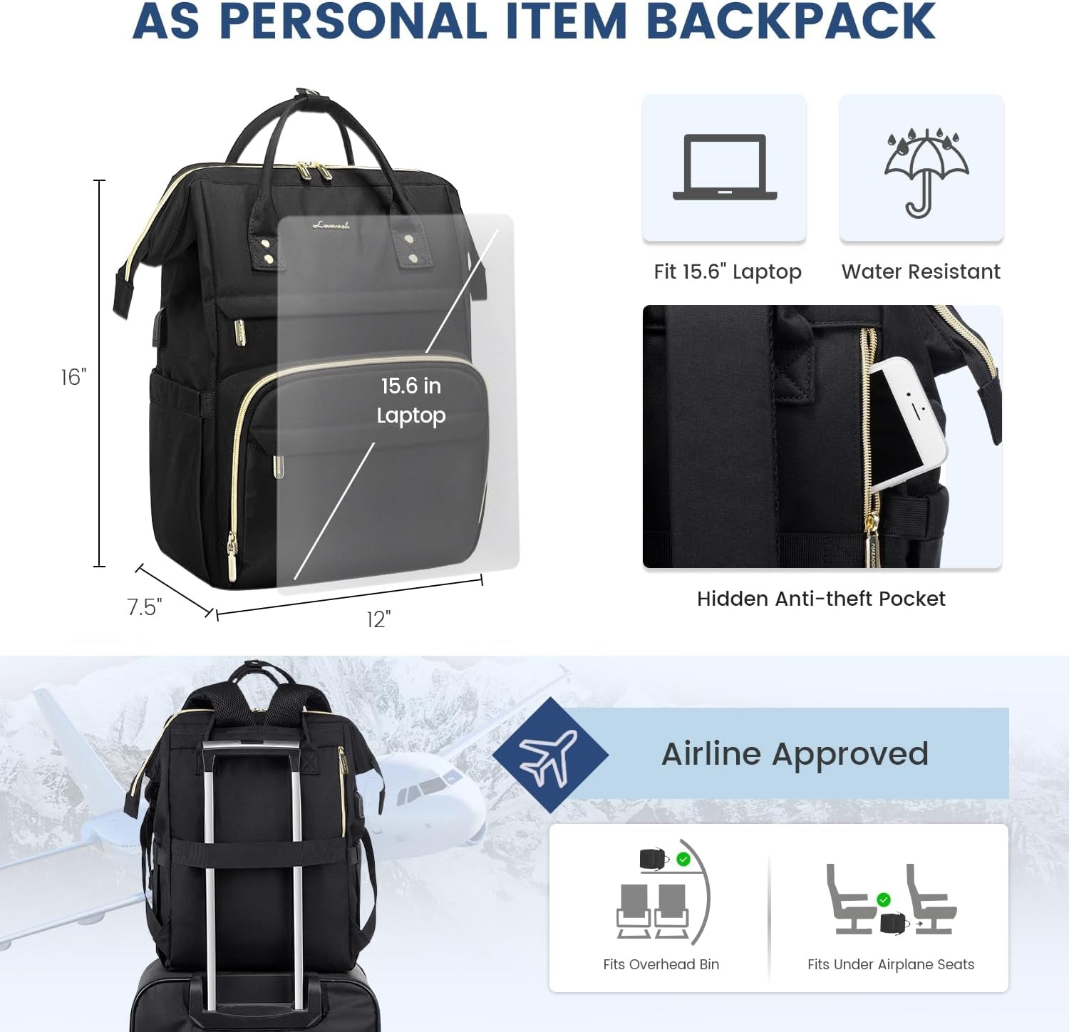 Women's 15.6 Inch Laptop Backpack - Professional Work Bag for Teachers and Nurses, Waterproof Anti-Theft Travel Backpack with USB Charging Port, Black