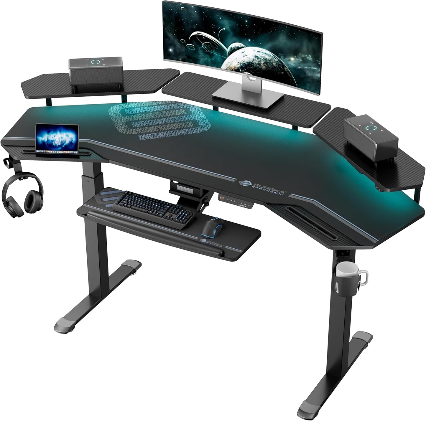 Professional Gaming Desk with Adjustable Height, 72" Wing-Shaped Studio Table Featuring Keyboard Tray and LED Shelves for Streaming and Recording