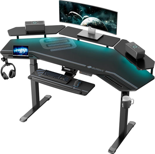 Professional Gaming Desk with Adjustable Height, 72" Wing-Shaped Studio Table Featuring Keyboard Tray and LED Shelves for Streaming and Recording