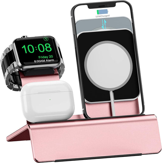 Aluminum 3-in-1 Charging Stand for Apple Devices - Compatible with MagSafe, Apple Watch, and AirPods (Charger & Cable Required) - Rose Gold